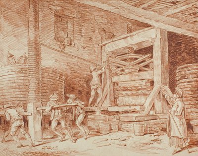 Wine Press, c.1759 (červená křída na lesklém papíře, položená na krémově položené kartě) od Hubert Robert
