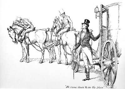 „Přišel dolů, aby viděl to místo“, ilustrace z „Pýchy a předsudku“ od Jane Austenové, vydání vydané v roce 1894 od Hugh Thomson