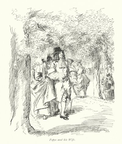 Londýn: Pepys a jeho žena (barevná litografie) od Hugh Thomson