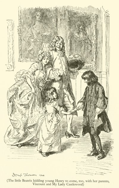Malá Beatrix nabízela mladému Henrymu, aby přišel také se svými rodiči, vikomtem a My Lady Castlewood (rytina) od Hugh Thomson