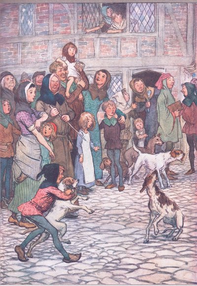 Proč vaši psi tak štěkají? Be there bears I the town?, ilustrace z The Merry Wives of Windsor, 1910 od Hugh Thomson
