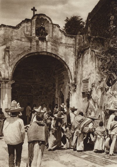 Mexiko: Amecameca, vchod do kostela (čb fotografie) od Hugo Brehme