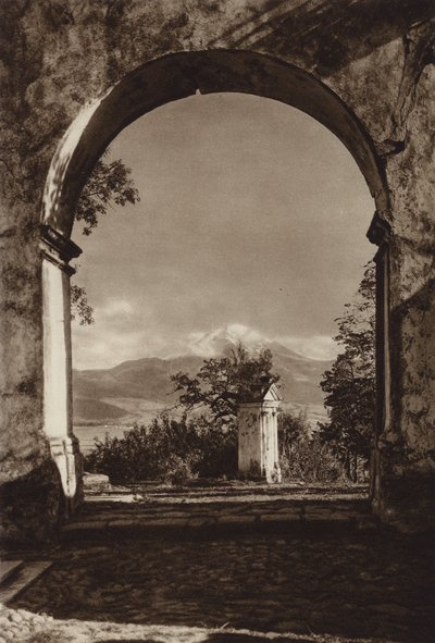 Mexiko: Popocatepetl, pohled ze Sacro Monte (čb fotografie) od Hugo Brehme