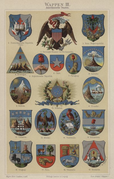 Znaky zemí Ameriky (barva litho) od Hugo Gerard (after) Strohl