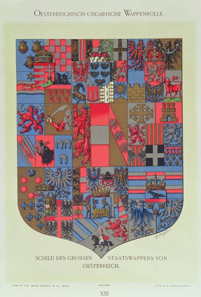 01315 Erb Rakousko-Uherska s erbovními znaky rakouského císařského dvora, vyryl R. M. Rohrer (kolorovaná litografie) od Hugo Gerard Strohl