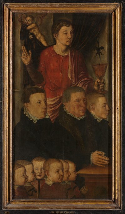 Levé křídlo Memorial Triptych, dříve nazývané Gertz Memorial Triptych, s devíti mužskými portréty dárců se svatým Janem Evangelistou (vnitřní) a svatým Petrem (vnější) od Hugo van der Goes (copy after)