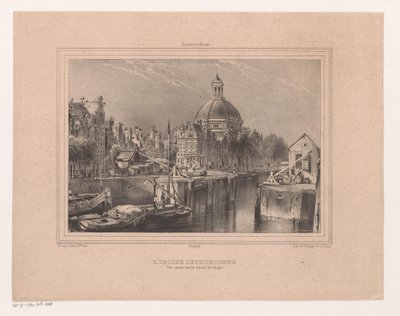 Gezicht op de Stromarkt, het Singel en de Lutherse kerk Luteránská církev. Pohled pořízený na kanál (známý jako Singel) (název na objektu) Suvenýr z Amsterdamu Osm pohledů kreslil a litografoval ze života H. van Hove Bz. (název seriálu) od Huib van Hove Bz
