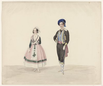 Muž a žena v historickém kostýmu, 1841 Šest akvarelů historických kostýmů pro kostýmní ples v roce 1841 (název série) od Huib van Hove Bz