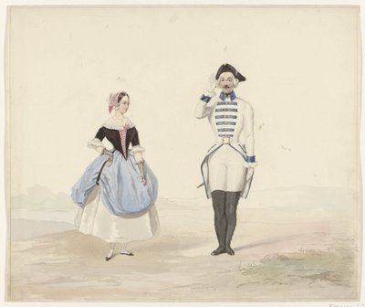 Muž a žena v historickém kostýmu, 1841 Šest akvarelů historických kostýmů pro kostýmní ples v roce 1841 (název série) od Huib van Hove Bz