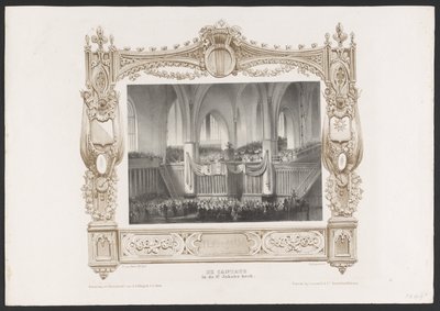 Průvod s tiskařským lisem, 1836 Kantáta v kostele sv. Jakuba / 17. června 1836 (název na objektu) Talíře k oslavě druhého stého výročí Utrechtsche Hogeschool, 1836 (název série) od Huib van Hove Bz