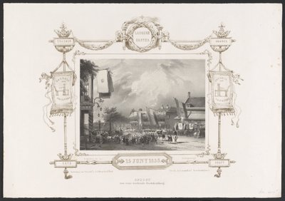 Průvod s tiskařským lisem, 1836 Optogt van eene working Drukkerij / 15. června 1836 (název na objektu) Talíře k oslavě druhého stého výročí Utrechtsche Hogeschool, 1836 (název série) od Huib van Hove Bz