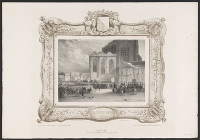 Průvod od radnice k budově akademie, 1836 Vzestup z radnice do Akademie (název na objektu) Talíře k oslavě druhého stého výročí Utrechtsche Hogeschool, 1836 (název série) od Huib van Hove Bz