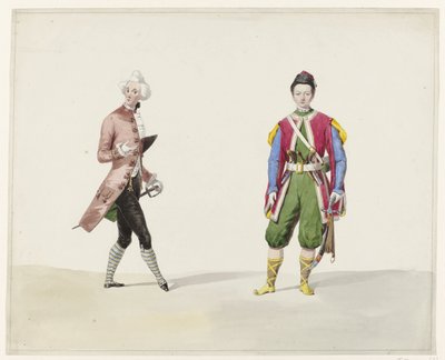 Dva muži v historickém kostýmu, 1841 Šest akvarelů historických kostýmů pro kostýmní ples v roce 1841 (název série) od Huib van Hove Bz