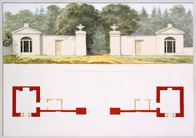 Nárys a půdorysy navrhované nové vstupní brány a lóží, z Červené knihy pro Antony House, c.1812 (wc na papíře) od Humphry Repton