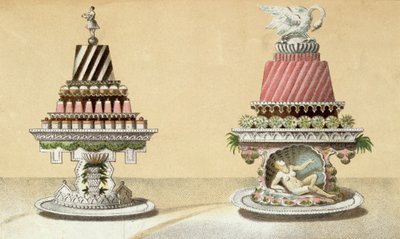 Návrh pro prezentaci Charlottes a la Reine & Pain de Framboises a la Leda, ilustrace z maďarské kuchařské knihy o francouzské kuchyni, kolem roku 1880 od Hungarian School