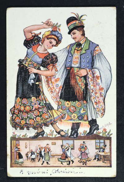 Pohlednice zobrazující maďarský pár tančící tradiční tanec, 1943 od Hungarian School