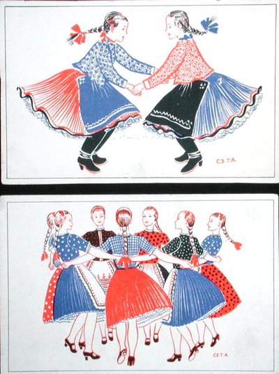 Pohlednice zobrazující tradiční maďarské tance, cca 1947-8 (barevné lito) od Hungarian School