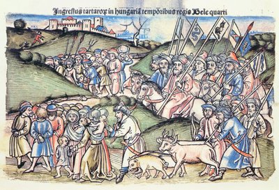 Mongolská invaze do Uher v roce 1241 za vlády Bély IV originální barevné dřevorytiny) od Hungarian School
