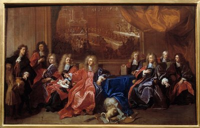 Prevot a echevini z města Paříže jednající o připomenutí večeře nabízené Ludvíku XIV v Hotel de Ville po jeho válce v roce 1687. Obraz Hyacinthe Rigaud (1659-1743) od Hyacinthe Francois Rigaud