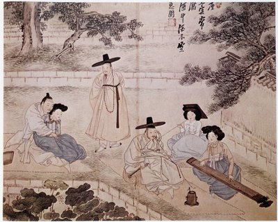 Hudba, fumerie a pár v zahradě, Korea - Hye-Wol, dynastie Yi od Hyewon