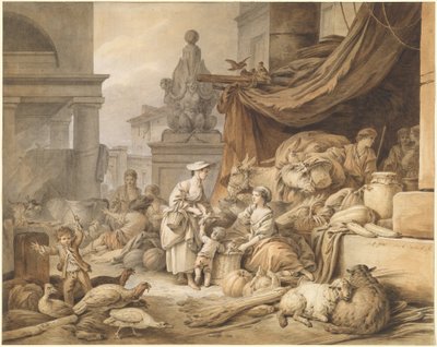 Trhová scéna s fantastickou sochou od I Jean Baptiste Hüet