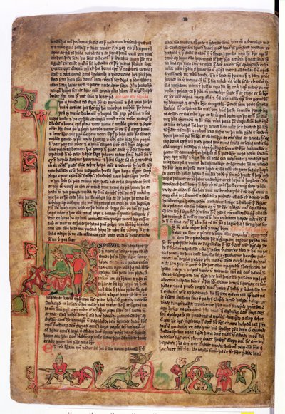 Historizovaná iniciála D na začátku Ságy o Olafu Tryggvasonovi, z Flateyjarbok (Knihy o Flateyovi), konec 14. století. od Icelandic School