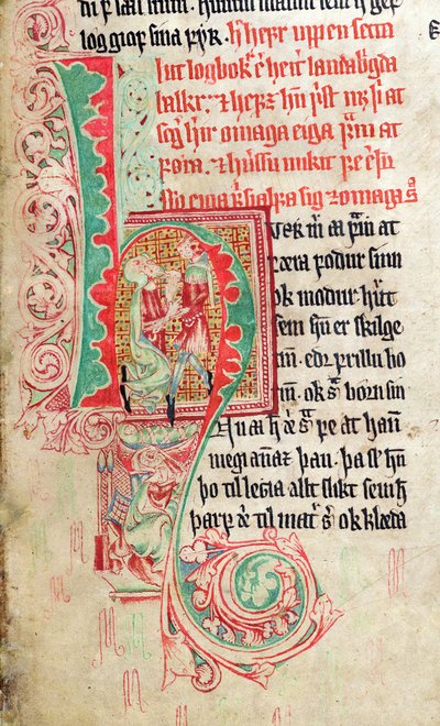Historizovaná iniciála H, ze Skarosboku (Skardova kniha) kolem roku 1350 od Icelandic School