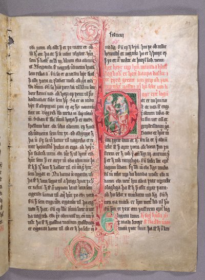 Historická iniciála P zobrazující dva obchodníky, od začátku části o obchodu, ze Skarosboku (Kniha Skard) kolem roku 1350 od Icelandic School