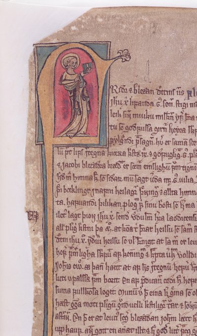 Historická iniciála na začátku Ságy o dvou apoštolech Jana a Jakuba z Codexu Scardensis, kolem roku 1360 od Icelandic School