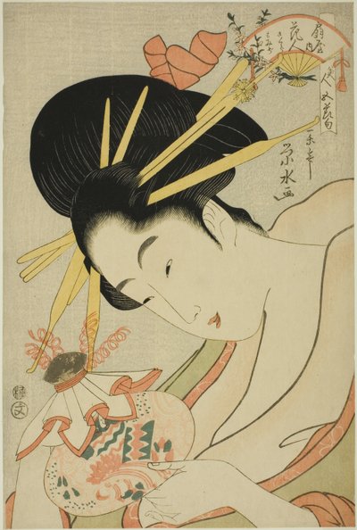 Kurtizána Hanahito z Ogiya a doprovod Sakura a Momiji ze série „Krásy pěti festivalů (Bijin gosekku)“ od Ichirakutei Eisui
