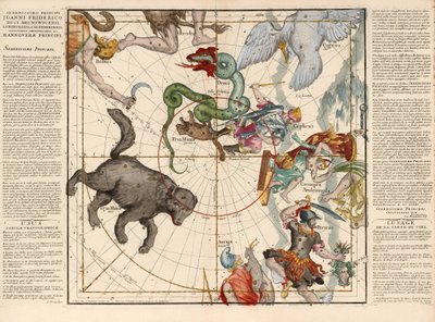 Severní pól, deska 1 z popisu nebeské zeměkoule v plochých rámech, hospoda. 1674 (ručně kolorovaná rytina) od Ignace Gaston Pardies