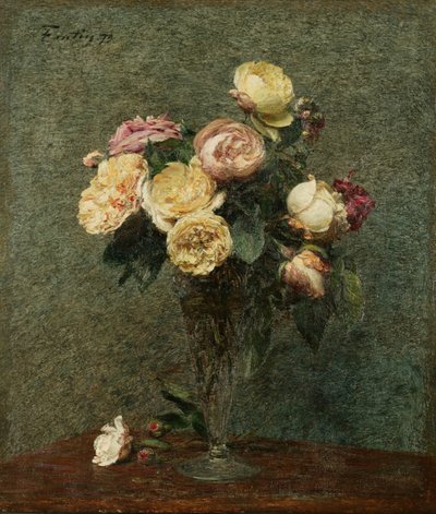Zátiší: Růže ve skleněné váze od Ignace Henri Jean Fantin-Latour