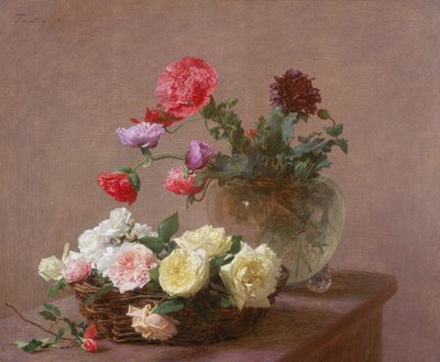 Vlčí máky v křišťálové váze nebo košík růží, 1890 od Ignace Henri Jean Fantin-Latour