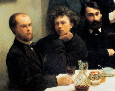 Roh stolu: zleva doprava: Paul Verlaine, Arthur Rimbaud, Elzear Bonnier. (Malba, 19. století) od Ignace Henri Jean Fantin Latour