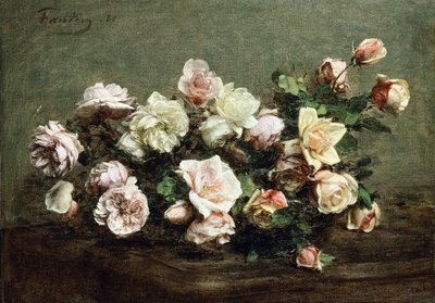 Váza bílé růže na stole; Váza s bílými a růžovými růžemi na stole, od Ignace Henri Jean Fantin Latour