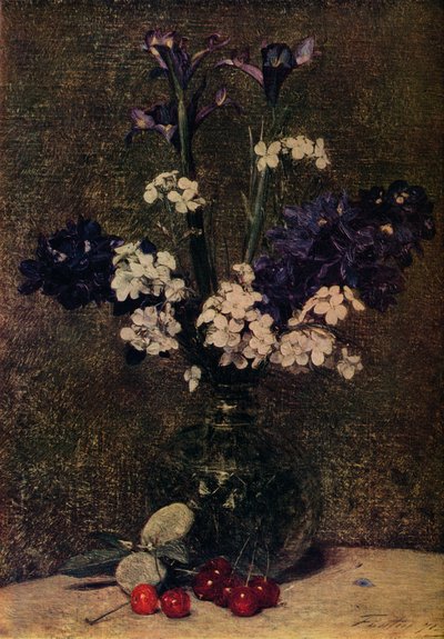 Váza s květinami, s třešněmi a mandlemi na stole, Nature morte, kosatce, hybridy Delphinium a od Ignace Henri Jean Fantin Latour