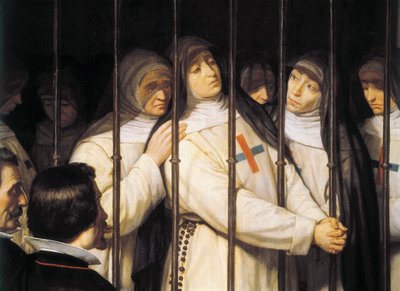 Portrét Marcely de San Felix (1605-1687), jeptišky, básnířky a herečky, dcery Lope de la Vega, na pohřbu svého otce, je podporován ostatními sestrami Řádu trinitářů, jejichž činnost byla ukončena v roce 1635““ Detail. Malba Ignacia Suareze od Ignacio Suarez Llanos