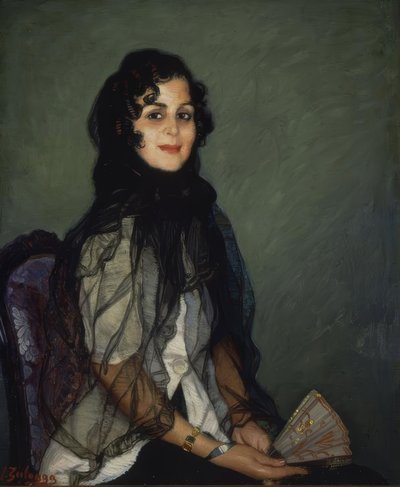 ANGUSTIAS Z BÍLÉHO S ČERNOU MANTILOU A VĚTLÁKEM - XX STOLETÍ - O / L - 95X79CM od Ignacio Zuloaga y Zabaleta