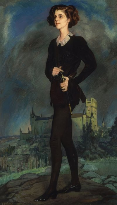 Americký spisovatel Michael Strange (paní Barrymoreová) s Alcazarem v pozadí", 1924, olej na plátně od Ignacio Zuloaga y Zabaleta