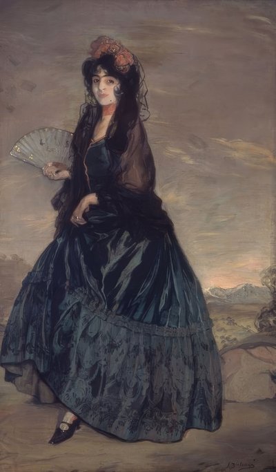ŽENA S PŘIKRÝVKOU, KVĚTINAMI A Vějířem - OLEJ NA PLÁTNO - 199 × 120,5 CM od Ignacio Zuloaga y Zabaleta