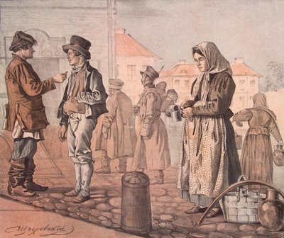 Pouliční prodavač mléka ze série Tohle jsou naši lidé, 1842 od Ignati Stepanovich Shchedrovsky