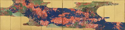 Javorové listy na potoce, šestipanelové síto, období Edo, 1856-58 (inkoust a barva na zlaceném papíře) od Ikeda Koson