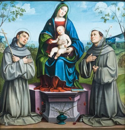 Madona s dítětem se svatým Františkem z Assisi a svatým Antonínem Paduánským od Il (1450 1517) Francia