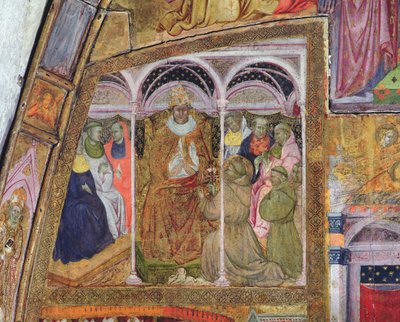 Svatý František prosí papeže Honoria III. o potvrzení odpustků, freska z Porziuncoly, 1393 od Ilario da Viterbo