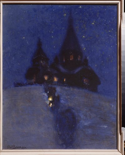 Kostel v Kuokkala (nebo Repino, Rusko) o vánoční noci. Malba Jurije Iljiče Repina (Youri Repin) (1877-1954), olej na dřevě, kolem 1910. Ruské umění, 20. stol. I. Repin Memorial Museum Penates, Petrohrad. od Ilya Efimovich Repin