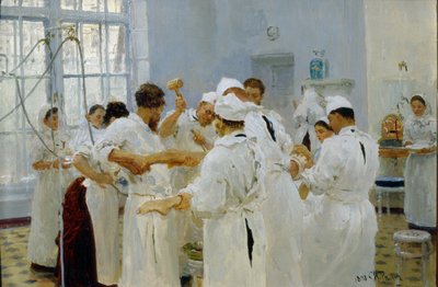 Chirurg Ivan Pavlov (1849-1936) na operačním sále (The Surgeon Pavlov in an Operating Room). Chirurg, obklopený svým lékařským týmem, asistenty a sestrami, operuje nemocného pacienta. Obraz Ilji Jefimoviče Repina (Ilia Repin) (1 od Ilya Efimovich Repin