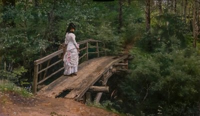 LETNÍ KRAJINA. VERA REPINE NA MALÉM MOSTKU V ABRAMTSEVO od Ilya Efimovich Repin