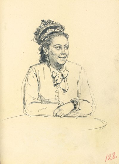 Studie pro "Pařížskou kavárnu": Sedící žena s lukem a založenýma rukama, c. 1872-1875 od Ilya Efimovich Repin