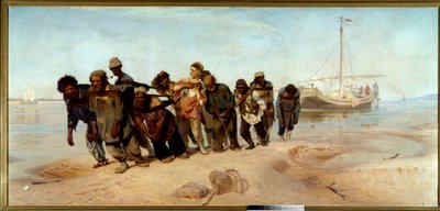 Lodníci z Volhy Skupina mužů (tahačů) vytahuje loď z vody v Rusku - Obraz Ilija (Ilja) Repine (1844-1930), olej na plátně od Ilya Efimovich Repin