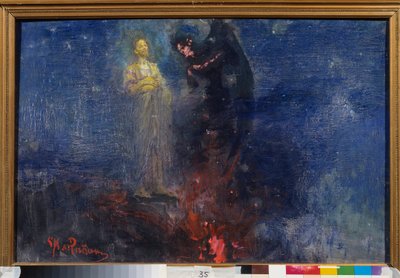 Jdi pryč, Satane! (Dostaň tě odtud, Satane!). (Ježíš Kristus odpuzuje ďábla, v noční krajině). Obraz Ilja Repin (Ilia Repin) (1844-1930), olej na plátně, po roce 1850. Ruské umění od Ilya Efimovich Repin